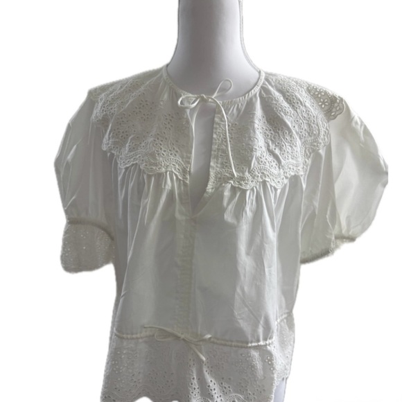 AQUA EYELET PUFF SLEEVE TIE TOP – FLIRTY & FEMININE, SIZE: M - Picture 6 of 10